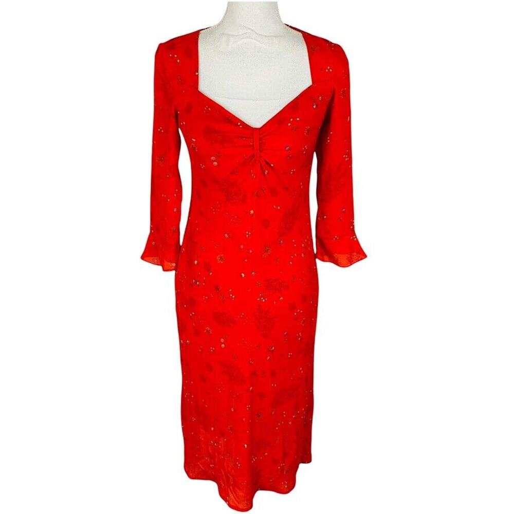 Jonathan Martin Womans Sz 7 Red Floral Dress V Neck Dress Lined 3/4 Sleeve‎ Y2K